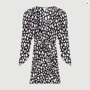 MAJE Black/white Rossima Spot Front Wrap V-neck Draped Mini Dress Size Small